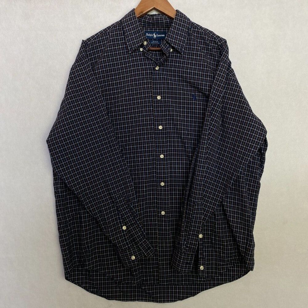 Ralph‎ Lauren Shirt Mens Large Navy Plaid Button Down Long Sleeve Office Wear